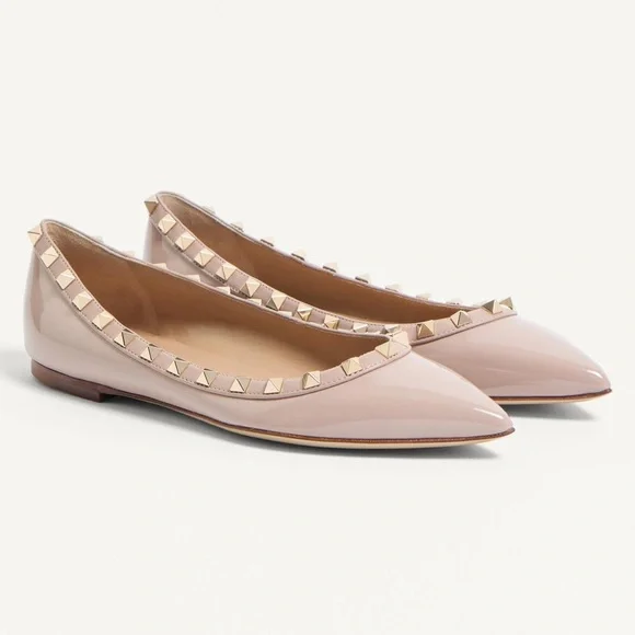 Valentino Garavani Rockstud Pointed Toe Ballerina Flat in Poudre Size 38 US 8 - Picture 3 of 16
